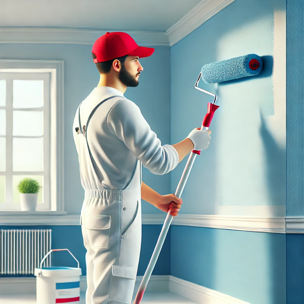 DALL·E 2025 03 12 13.38.01 A 3D rendered professional painter in a clean white uniform with a red cap holding a paint roller in one hand and a paintbrush in the other. The back