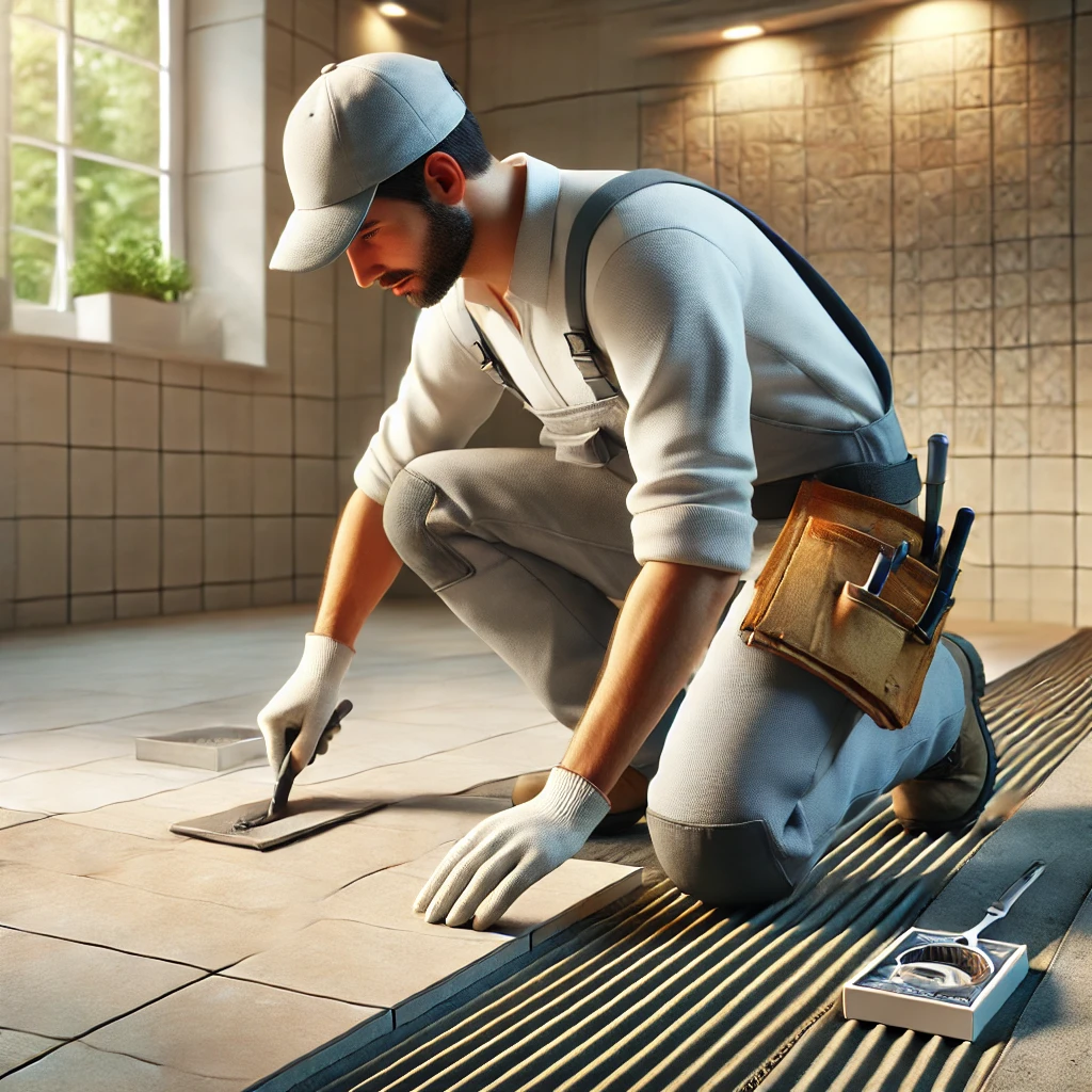 DALL·E 2025 03 12 13.39.17 A 3D rendered professional tiler in a clean uniform kneeling on a floor while installing ceramic tiles. The tiler is carefully placing a tile with pr