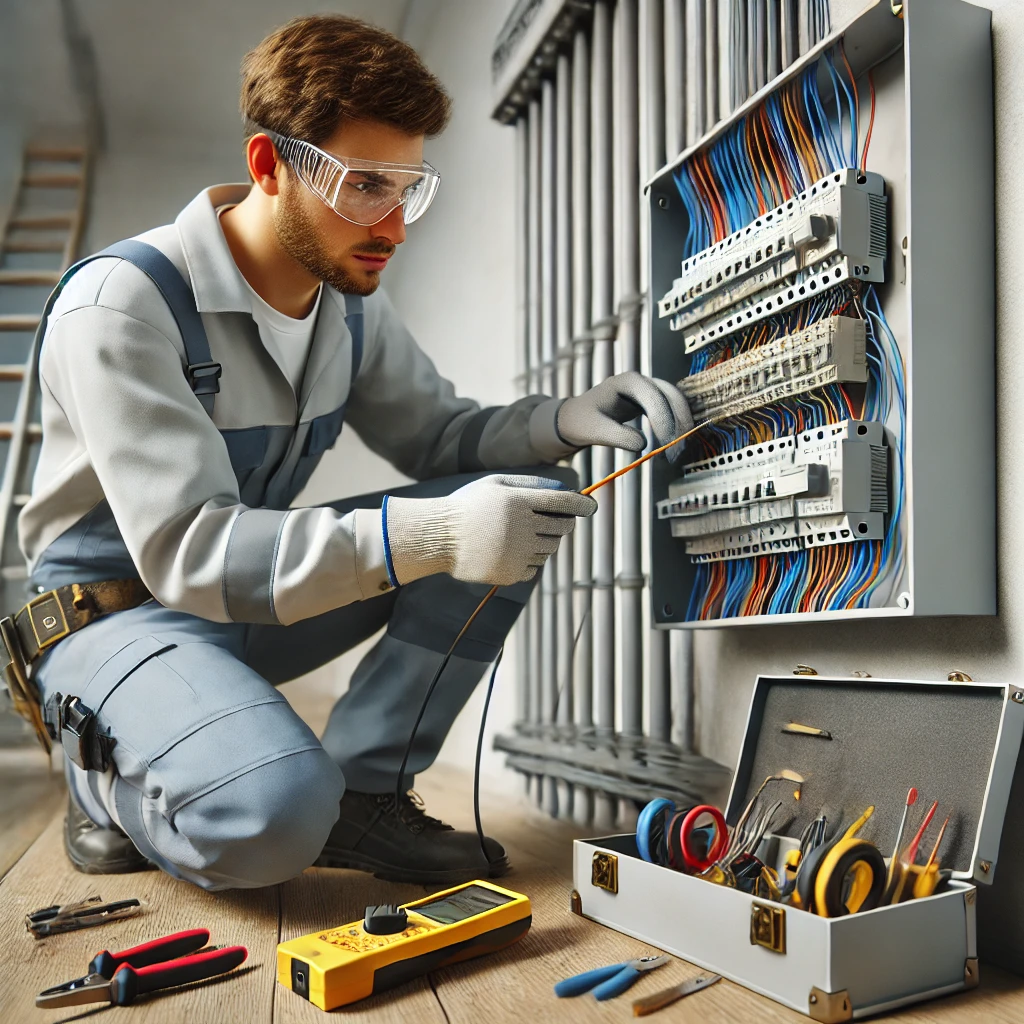 DALL·E 2025 03 12 13.42.10 A 3D rendered professional electrician in a clean uniform wearing safety gloves and goggles working on an electrical panel with multiple wires. The
