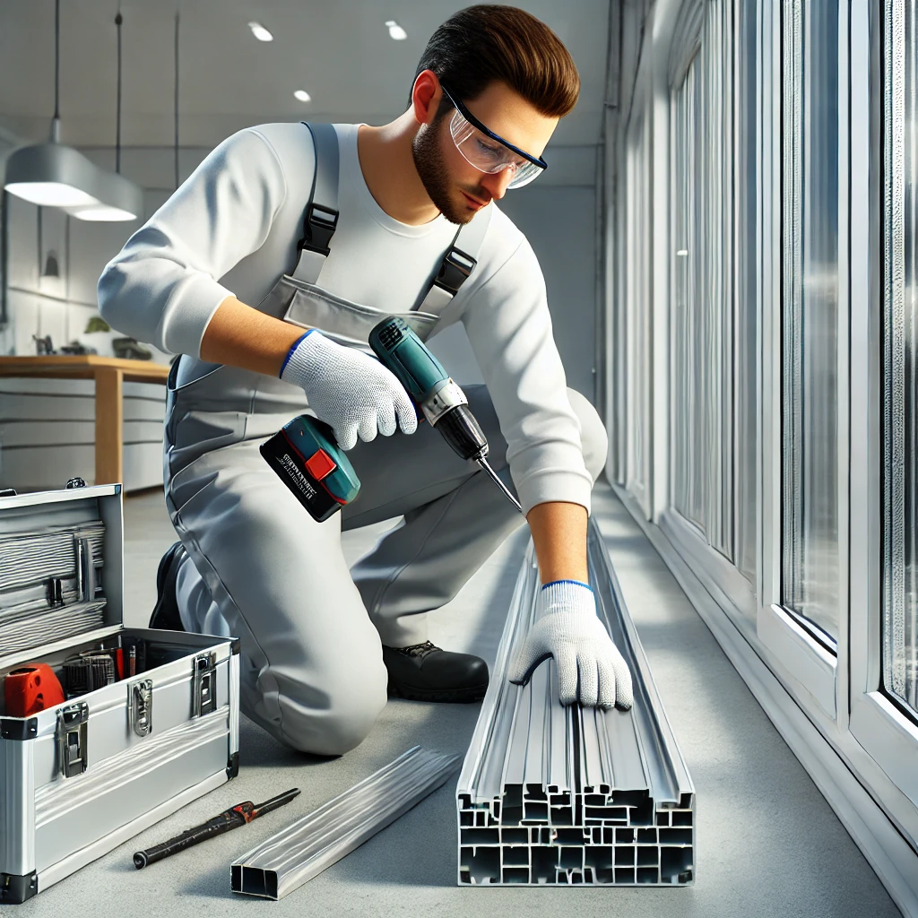 DALL·E 2025 03 12 13.42.45 A 3D rendered professional aluminum installer in a clean uniform wearing protective gloves and safety glasses carefully fitting an aluminum window f