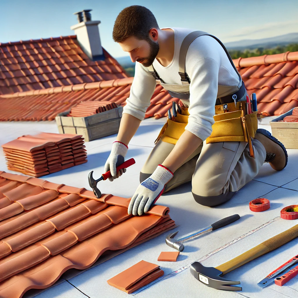 DALL·E 2025 03 12 13.46.37 A 3D rendered professional roofer in a clean uniform carefully installing red clay roof tiles on a traditional house roof. The roofer is using a hamm