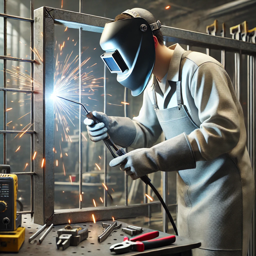DALL·E 2025 03 12 13.47.32 A 3D rendered professional welder in a clean uniform wearing a protective welding mask and gloves welding a metal frame with bright welding sparks f
