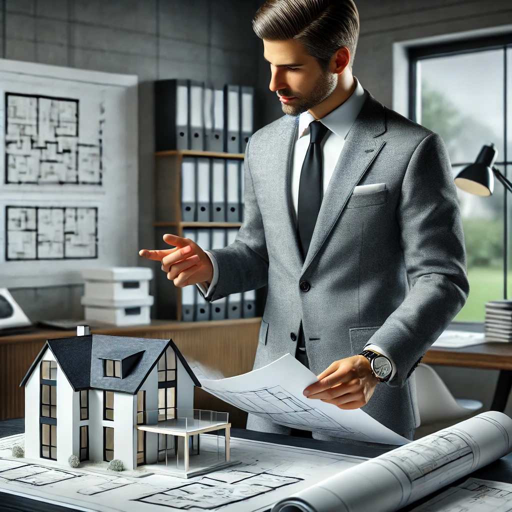 DALL·E 2025 03 12 13.48.15 A 3D rendered professional building consultant in a clean suit holding a blueprint and discussing construction plans with a client. The consultant is