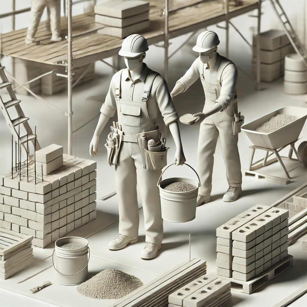 DALL·E 2025 03 12 13.48.42 A 3D rendered construction assistant in a clean uniform carrying a bucket of tools and materials. The worker is actively helping a professional build
