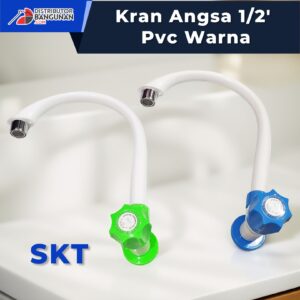 Kran Angsa Dapur 1/2' PVC Warna SKT berwarna putih dengan knob hijau dan biru, ideal untuk dapur modern, tahan karat, dan hemat air.