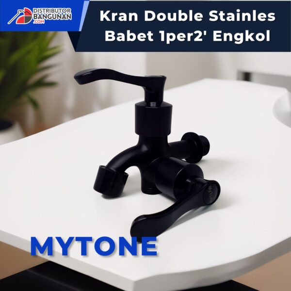 Kran Double Stainless Babet 1/2' Engkol MYTONE - Desain Hitam Elegan dengan 2 Output Air