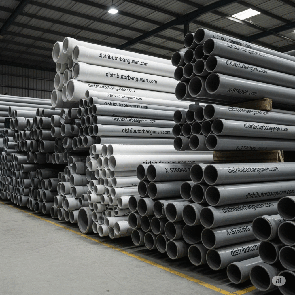 Tumpukan Pipa PVC 1 1/4 inch pabrik Bandung di gudang utama