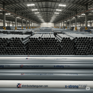 Tumpukan stok Pipa PVC 1 1/4 inch abu-abu di gudang Bandung