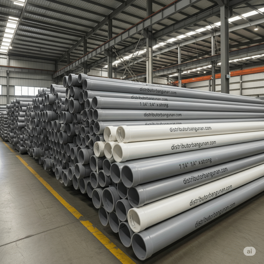 Pipa PVC 1 1/4 inch warna abu-abu terpasang rapi