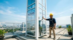 Seorang mandor profesional berdiri di samping toren air UB Glass putih bersih yang baru terpasang di rooftop. Langit cerah di belakangnya. Tangan menepuk badan toren dengan ekspresi puas dan percaya diri. Gambar merepresentasikan hasil positif memilih toren tangki air berkualitas dari distributor terpercaya di Bandung.