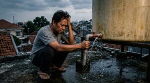 Seorang pemilik rumah pria Indonesia jongkok di rooftop sambil memegang sambungan toren air yang bocor. Air menetes ke lantai. Toren terlihat menguning dan keropos. Ekspresi frustrasi dan putus asa. Gambar merepresentasikan kerugian nyata akibat memilih toren tangki air kualitas rendah