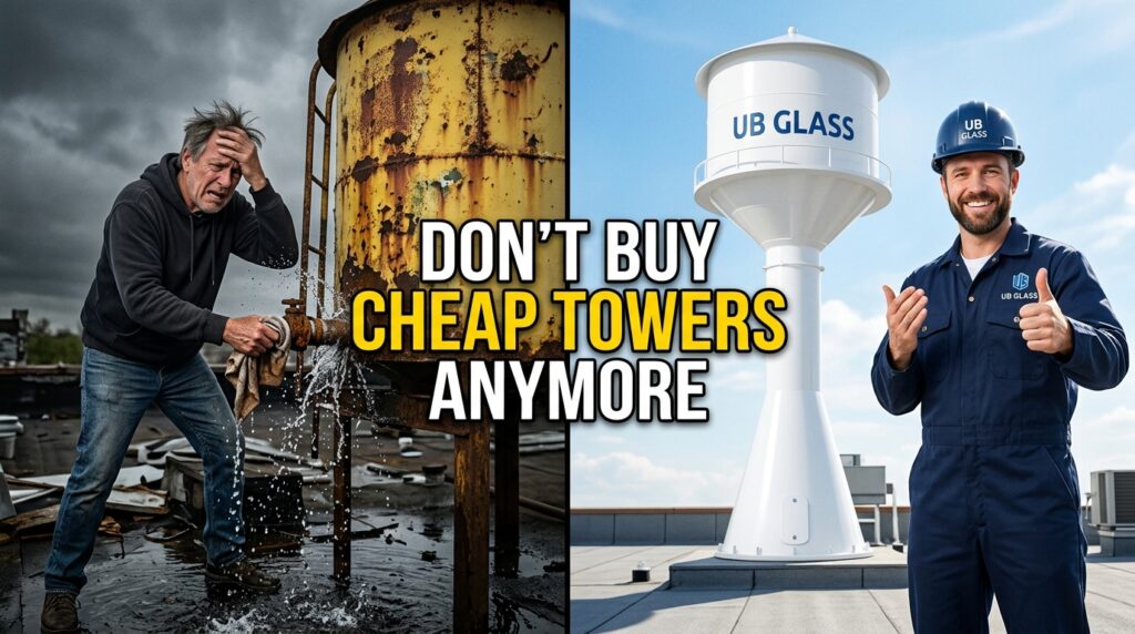 Split-screen dramatis menunjukkan dua kondisi ekstrem pemilihan toren air. Sisi kiri: pemilik rumah frustrasi memegang toren bocor yang menguning dan keropos. Sisi kanan: kontraktor percaya diri berdiri di samping toren UB Glass putih bersih terpasang rapi. Judul artikel "JANGAN BELI TOREN MURAH LAGI" tercetak besar di tengah gambar.