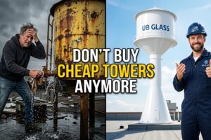 Split-screen dramatis menunjukkan dua kondisi ekstrem pemilihan toren air. Sisi kiri: pemilik rumah frustrasi memegang toren bocor yang menguning dan keropos. Sisi kanan: kontraktor percaya diri berdiri di samping toren UB Glass putih bersih terpasang rapi. Judul artikel "JANGAN BELI TOREN MURAH LAGI" tercetak besar di tengah gambar.